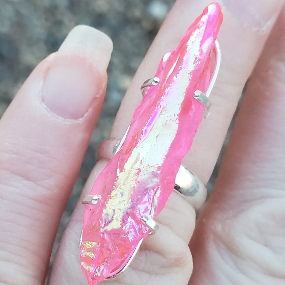New Pink Titanium Crystal 925 Silver Ring.